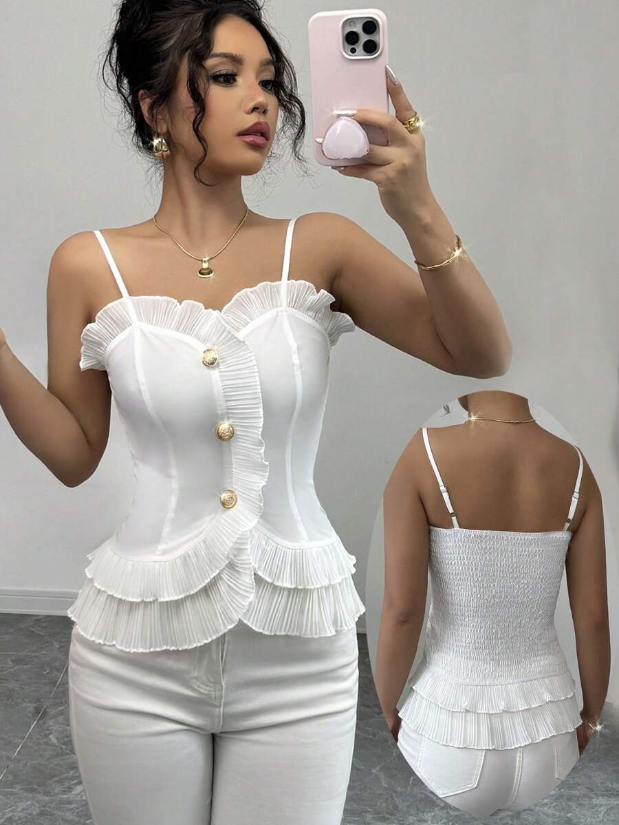 Elenzga 褶饰吊带背心优雅不对称背心，简约时尚，适合日常休闲穿着