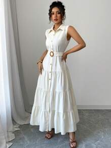 Elenzga 女士 V 领纽扣腰带长裙