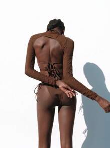 Lumivelle Women's Fashion Stand Collar Long Sleeve Bikini Set For Summer Beach Vacation - Brown - View 2