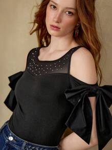 MOTF CONTRAST MESH BOW DETAIL T-SHIRT