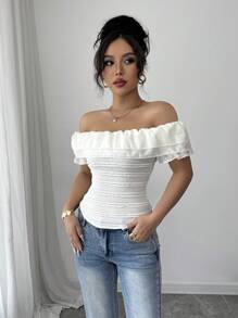 Elenzga Áo thun ren hở vai cao cấp, cạp chun, màu trơn, phù hợp cho mùa hè - Màu be - Xem 5