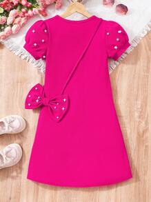 SHEIN Glamorique Kids 1 Set Tween Mädchen Kunstperle Decor Einfarbig Kurzarmkleid mit Schleife Crossbody Bag