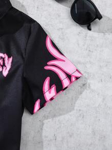 Young Boy Fire Flame Letter Print Short Sleeve Single-Breasted Casual Shirt - Black - View 3