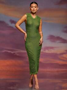 Hauture Semi Sheer Textured Short Sleeve Knit Sweater Dress - Army Green - View 4