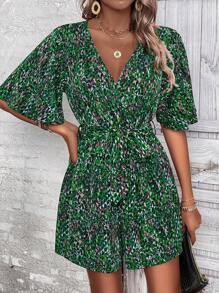 Breezaya All-Over Print Elasticated Waist Romper, Casual Vacation Wear - Green - View 5