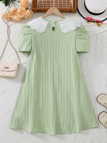 Sparklyn Tween Girl 休闲优雅可爱泡泡袖 A 字裙，圆领绿色蝴蝶结连衣裙，适合春季、夏季、秋季、户外、度假、学校 - 綠色 - 查看 8