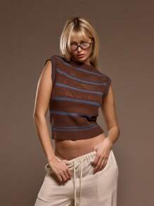 MUSERA 钩针编织短袖条纹上衣，春夏街头风休闲Y2K 90年代条纹可爱早午餐周日最佳机场度假秋季返校感恩节时尚 - 棕色 - 查看 1