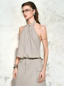 Aveloria 女士优雅性感无袖露背抽绳上衣 - 淺灰色 - 查看 7