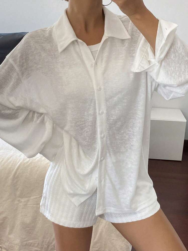 Loose Fit Solid Color Polo Neck Long Sleeve Sheer Casual Summer T-Shirt For Women Preppy Tops