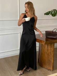 DAZY Einfarbiges plissiertes rückenfrei Camisole Kleid, elegantes langes Damen Lässig Kleid für den Sommer, elegantes Sommerkleid - Schwarz - Übersicht 3