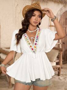 Breezaya Colorful Floral Patchwork Waist-Tie V-Neck Tassel Bohemian Casual Blouse, Loose Flared Hem, Shoulder-Off Short Sleeve, Chic & Versatile, Plus Size, Suitable For Music Festival, Valentine's Day, Thanksgiving, Leisure Gathering, Beach Vacation, Picnic