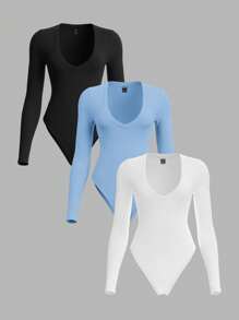 SHEIN BASICS Bộ 3 món/Bộ đồ liền thân màu trơn đơn giản ôm vừa vặn dài tay cổ đính đá cho nữ - Màu xanh nhạt - Xem 1