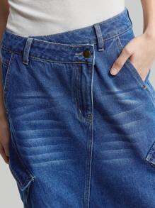 Ontre 女式 2025 新款休闲不对称腰部开衩工装牛仔裙，春夏女式牛仔装 - 藍色 - 查看 3