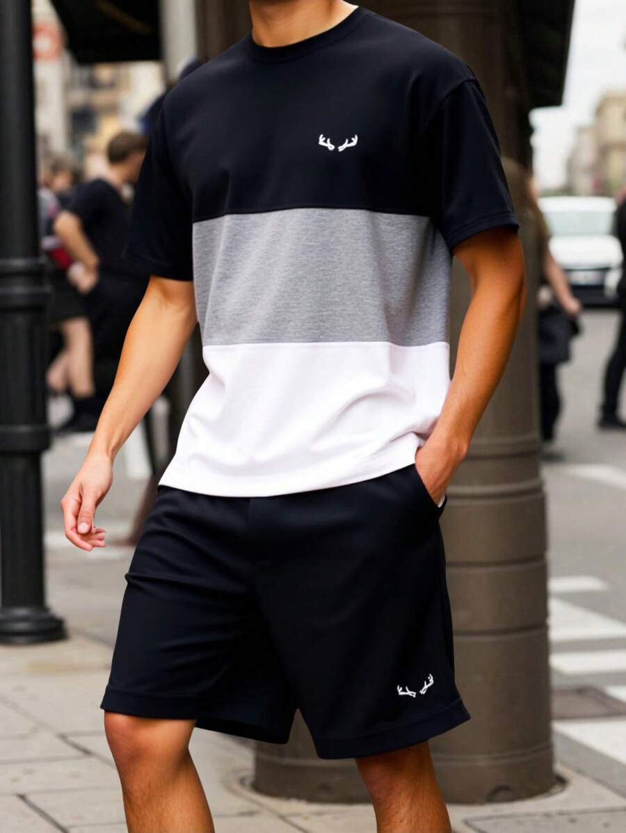 SHEIN 青少年男孩拼布撞色小花卉印花短袖 T 恤和短裤套装，休闲、校园、旅行、运动、日常、度假，柔软舒适