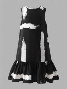 SHEIN Leap Crew Tween Girls Casual Woven Geometric Striped Print U-Back Bow Decor Loose Sleeveless Dress, Suitable For Spring/Summer, Spring Vacation, Country Style, Casual Outing, Back To School - Black - View 10