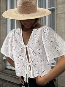 SHEIN Essnce Women's Holiday Floral Embroidery Front Tie Ruffle Short Sleeve Shirt - White - View 6