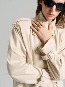 Ontre Giacca da donna stile vintage anni '90, nuova collezione primavera 2025, giacca casual a mezzo giro color albicocca senza collo e doppiopetto - Grigio - Visualizzare 7