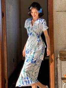 DAZY Women's V-Neck Tie Waist Floral Midi Dress Sundress Boho Vacation Outfits Women - Green - View 3