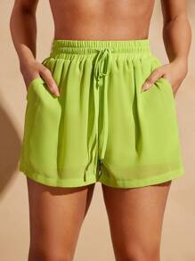 Vixey Chiffon Drawstring Waist Lined Shorts With Pockets, Summer Outfits For Women, Spring Outfits For Women, Boho, Beach Cover Up Women, Island Vacation Outfits - Green - View 4