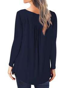 Women's Solid Color Button Designed Long Sleeve Casual Blouse Fall Cloth For Women - Navy Blue - View 2