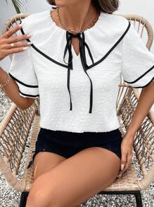 SHEIN LUNE Áo thun thường ngày rộng rãi họa tiết ruy băng màu tương phản thời trang nữ - Màu be - Xem 5