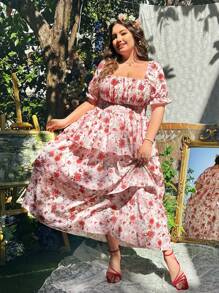 Lyrianda 大码波西米亚风方领松紧腰泡泡袖三层荷叶边下摆休闲连衣裙，适合夏季 - 彩色 - 查看 7