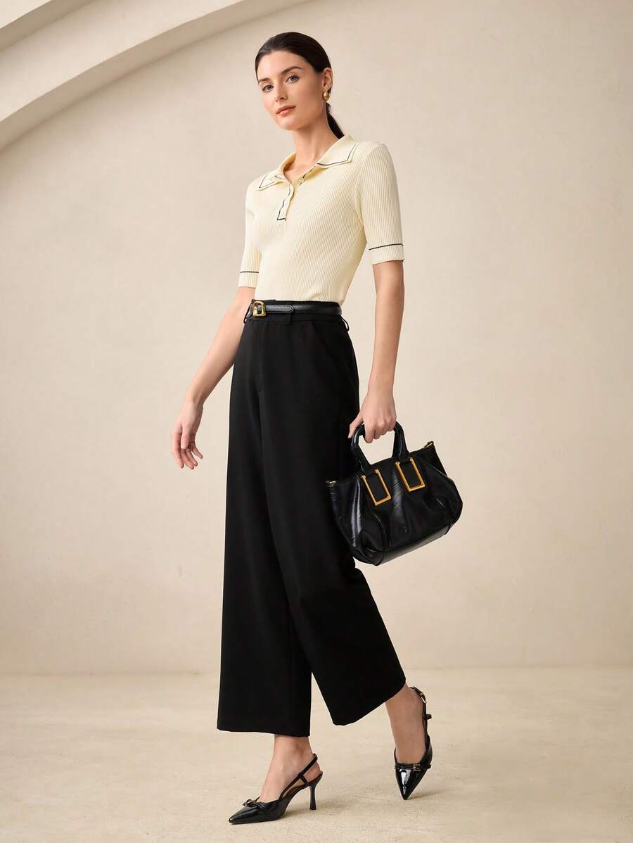 BizChic Women's Beige Polo Neck Commuter Short Sleeve Contrast Rib Knit Sweater - White - View 1