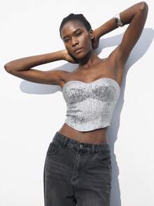 Maija Women's Asymmetrical Hem Metal Texture Cropped Bandeau Crop Top, Party Fashion Romantic, Fashion, Versatile; Suitable For Summer Vacation, Comfortable, Bohemian Style, Beach Wear, Swimsuit Cover-Up, Stylish, Elegant, Casual, , Simple Daily Wear, Country Style, Essential, Solid Color, Holiday Casual, Decent, Single Lady, Ideal For Vacation Elegant Fashion Business Casual Woman Going Out Tops Graduation Outfit European Summer Hawaii Outfits Women Summer Dresses For Women Streetwear Women Stockholm Style Teacher Outfits For Women