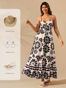 SHEIN Clasi Plus Size Plant Printed Maxi Slip Dress - Multicolor - View 8