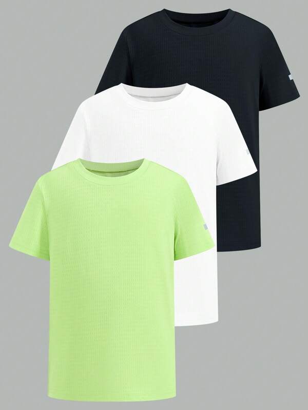 SHEIN Boys Casual Short Sleeve Crew Neck T-Shirt, Breathable Mesh Fabric, Suitable For Summer, Outdoor, School, Vacation, Sports, Home Wear, Spring And Summer, Solid Color, Versatile
