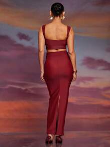 Hauture Women Solid Color Ring Connected Cropped Tank Top And Fitted Long Midi Skirt Sexy Set - Burgundy - View 3