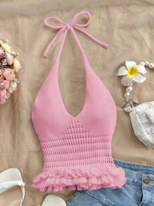 Soleia Áo len cổ yếm hở lưng viền bèo nhún giản dị - Hồng - Xem 3