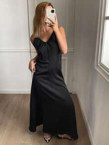 DAZY Einfarbiges plissiertes rückenfrei Camisole Kleid, elegantes langes Damen Lässig Kleid für den Sommer, elegantes Sommerkleid - Schwarz - Übersicht 5