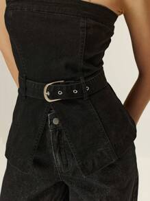 Poéselle Women's Simple Fitted Denim Tube Top For Casual & Holiday, Old Money, Business Casual Woman - Black - View 2