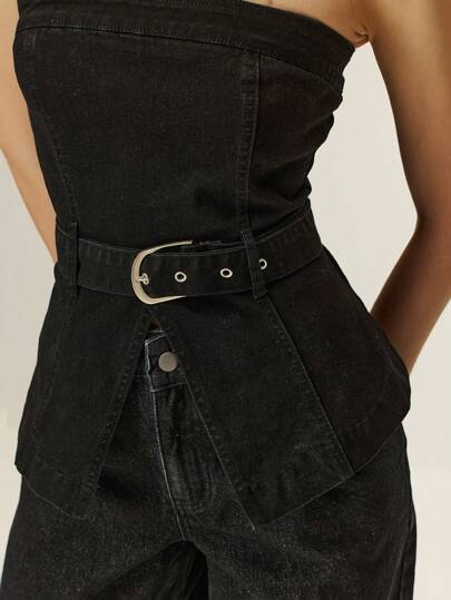 Poéselle Top tubo de denim ajustado simple para mujer, para uso casual y de vacaciones
