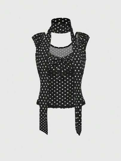 Kawaii T-shirt slim ajusté avec nœud et pois contrastés, pour femmes, avec cravate de cou