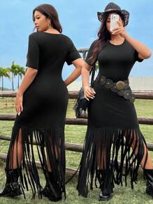 Flirla 大码波西米亚风圆领短袖连衣裙，带流苏下摆，适合夏季 - 黑色 - 查看 1