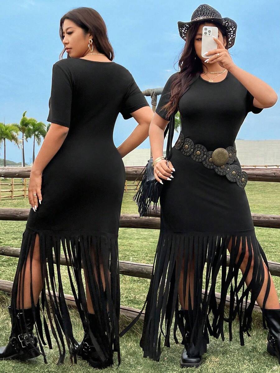 Flirla 大码波西米亚风圆领短袖连衣裙，带流苏下摆，适合夏季 - 黑色 - 查看 1