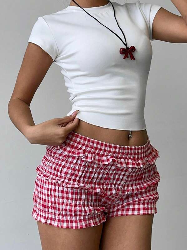 Aloruh Women's Red & White Gingham Ruffle Trim Casual Shorts, Sweet Countryside Holiday Style, Spring/Summer