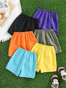 6pcs/Pack Young Boy Casual School Style Solid Color Woven Shorts, Multi-Color, Versatile For Travel, Holiday, Party, School, Suitable For Spring/Summer - Multicolor - View 2