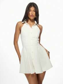MISSGUIDED Elegant Button Down Halter Mini Dress Fit And Flare Summer Party A-Line Sleeveless Dress With Pockets Retro Style Wedding Guest Outfit - White - View 1