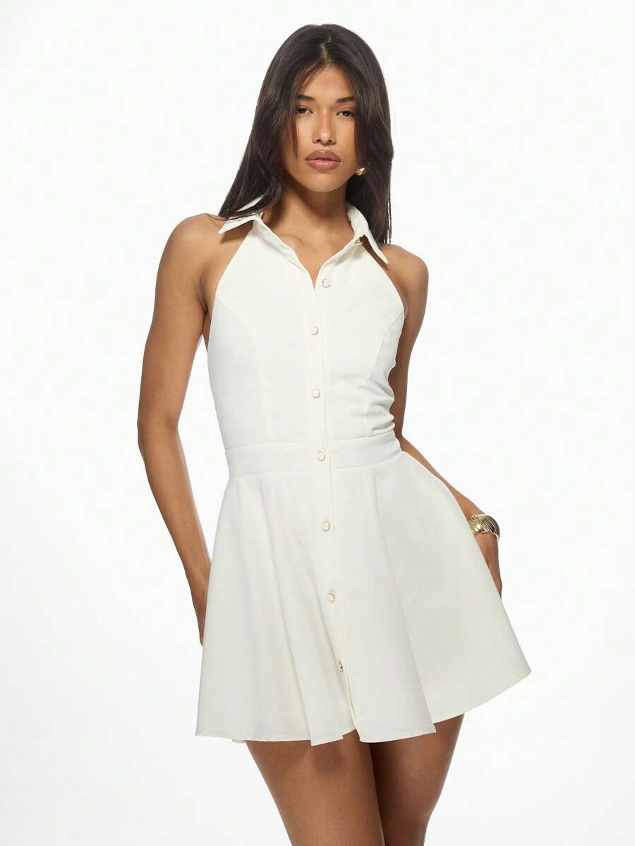 MISSGUIDED Elegant Button Down Halter Mini Dress Fit And Flare Summer Party A-Line Sleeveless Dress With Pockets Retro Style Wedding Guest Outfit - White - View 1