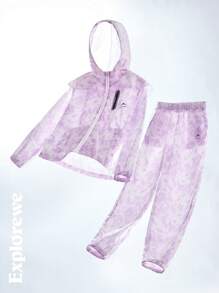 SHEIN 2件套 青少年女孩前拉链长袖印花连帽衫和裤子套装 - 淡紫色 - 查看 1