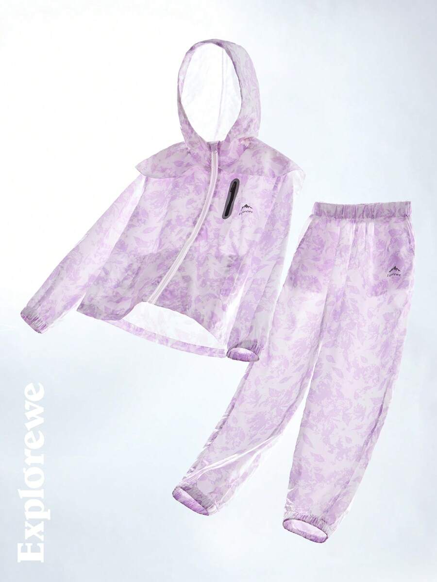 SHEIN 2件套 青少年女孩前拉链长袖印花连帽衫和裤子套装 - 淡紫色 - 查看 1