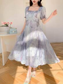 DAZY Women's Midi Length Dress With Allover Floral Print, Square Neckline And Ruffle Hem