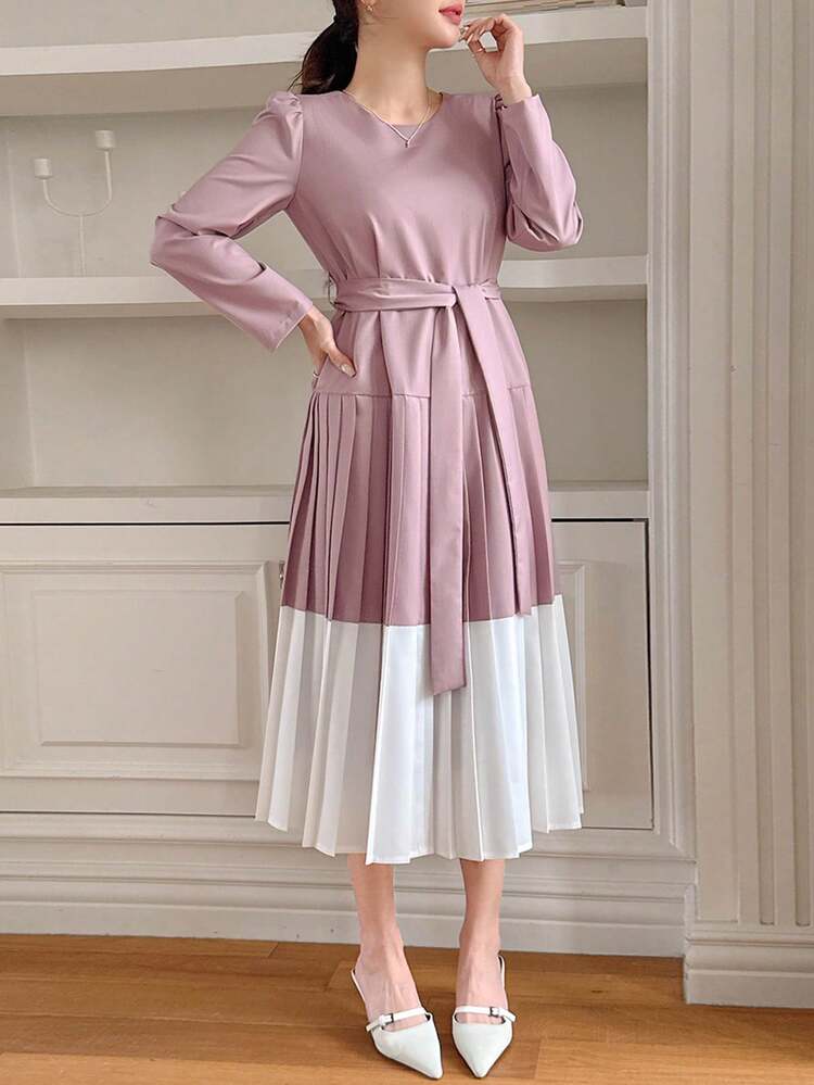 Midi Length Colorblock Pleated Waist Dress For Women,Casual Women Dresses,Fall Dress Long Sleeve Dress