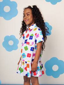 SHEIN CutesyCutie Young Girl Woven Ditsy Floral Overlay Casual Shirt Dress - Multicolor - View 6
