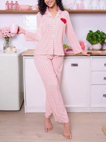 SweetSlumber Conjunto de pijama para mujer de 2 piezas a cuadros rosa y blanco con corazones