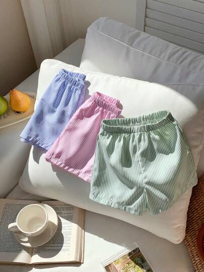 SHEIN Leap Crew 3 件套女婴夏季可爱条纹松紧腰短裤