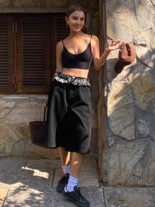 DAZY Hippie Patchwork Plaid Floral Trim Straight Leg Women Denim Shorts For Spring Summer - Black - View 6